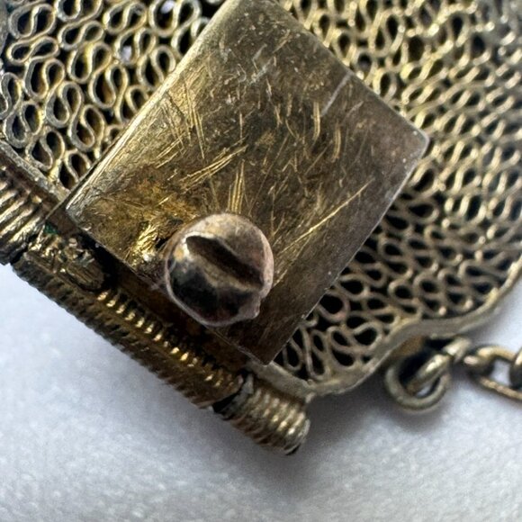 Vtg Chinese Export Bracelet Tiger's Eye Cabochon Silver Gilded Vermeil Filigree - Picture 9 of 16